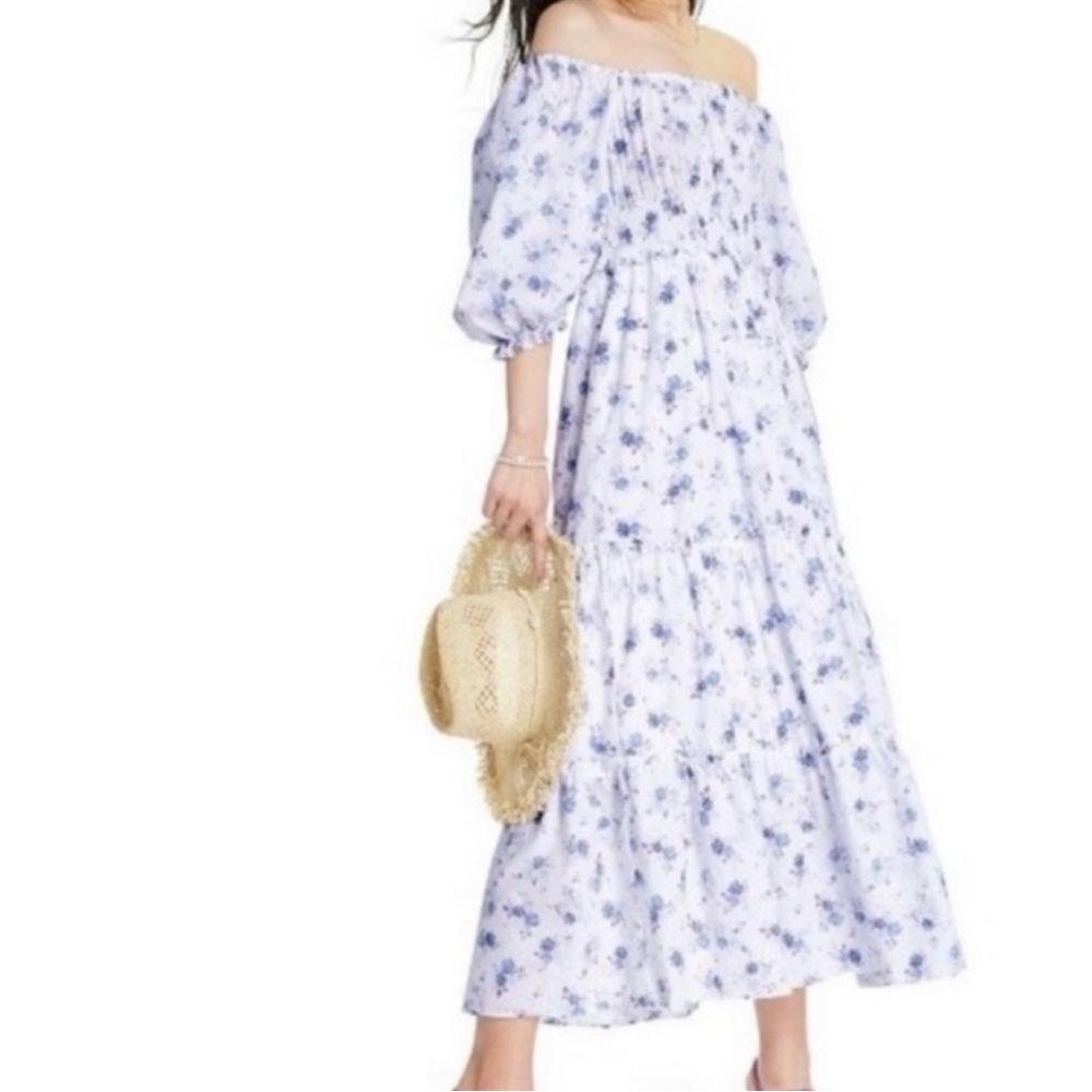 LoveShackFancy Lilac Blue Floral Off-Shoulder Maxi Dress